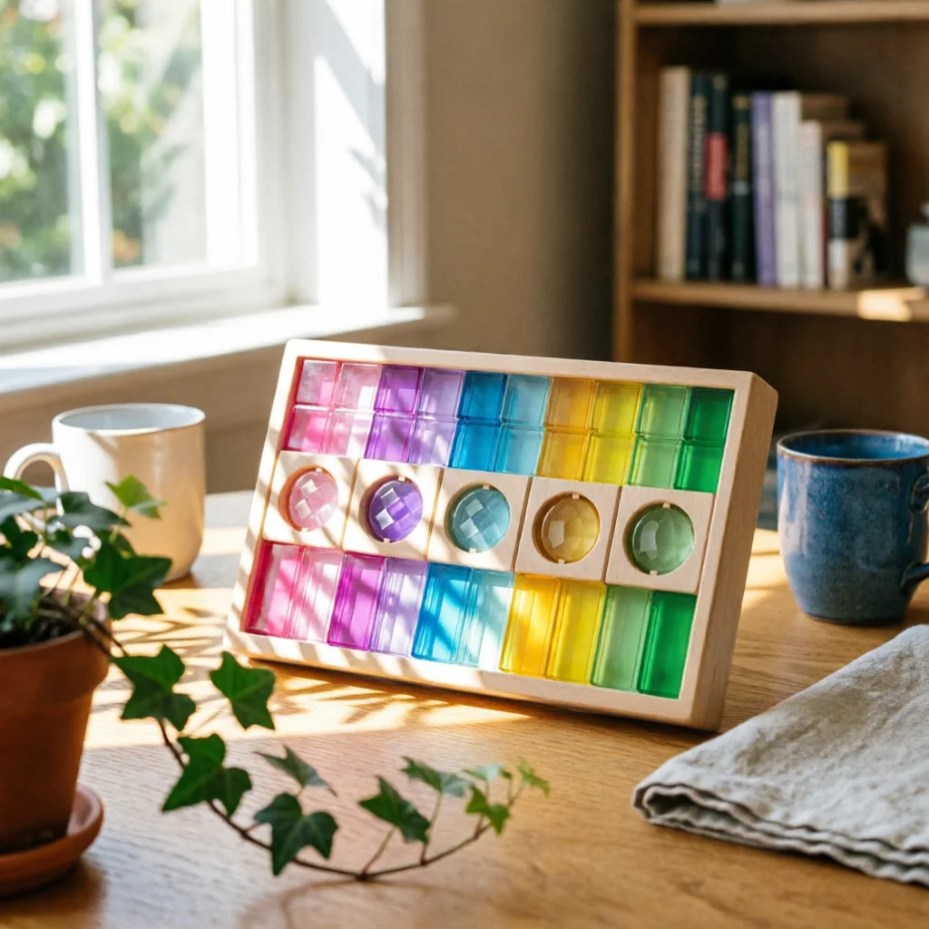 

Acrylic Gemstone Building Block Toy Colored Wood Frame Block Tray Rainbow Acrylic Blocks Hand-Eye Coordination Kids Play Item