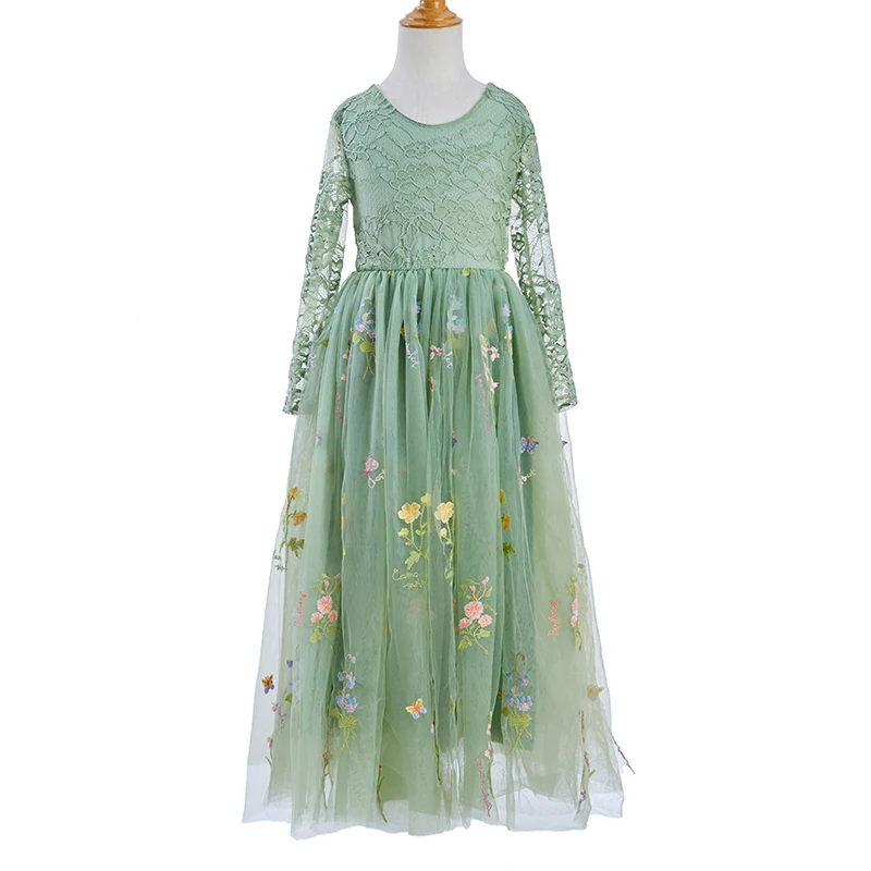 

Long Sleeve Flower Girl Lace Dress Full Length Floral Embroidered Toddler Baby Tutu Tulle Dresses