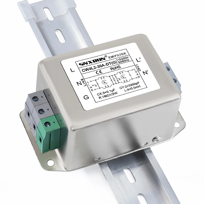 cw4l2-30a-dtg単相ac電源フィルタ-10a-20a-250vac-レールマウント式ヨーロッパ端子-工業用