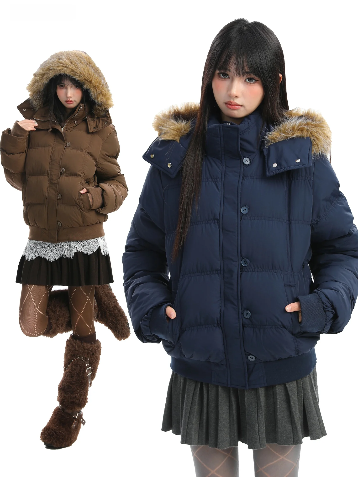 

Женская зимняя куртка с капюшоном и съемным меховым воротником, утепленная, в корейском стиле, синяя, PTGINKIN k Blue ex