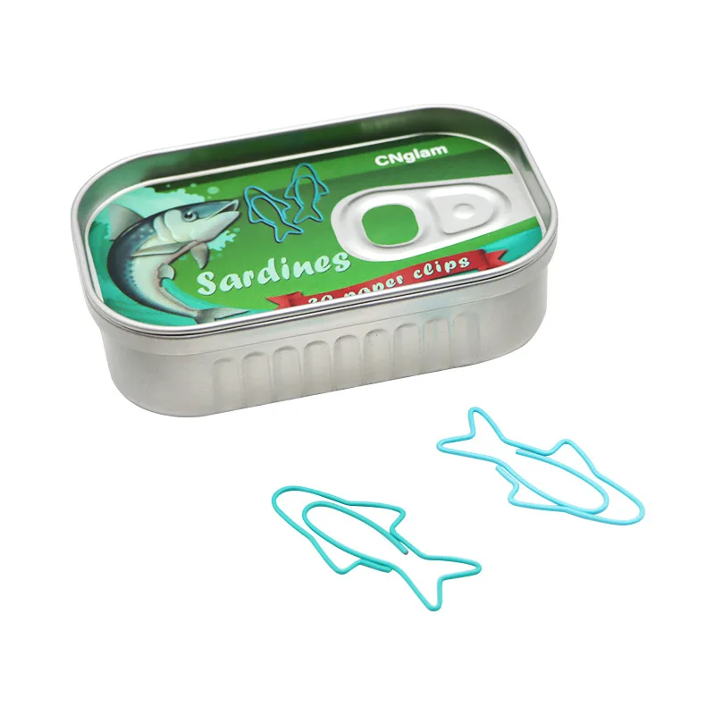 Sardine Paper Clips Cute Cartoon Metal Bookmarks Colorful Shaped Office Stationery with Iron Box
