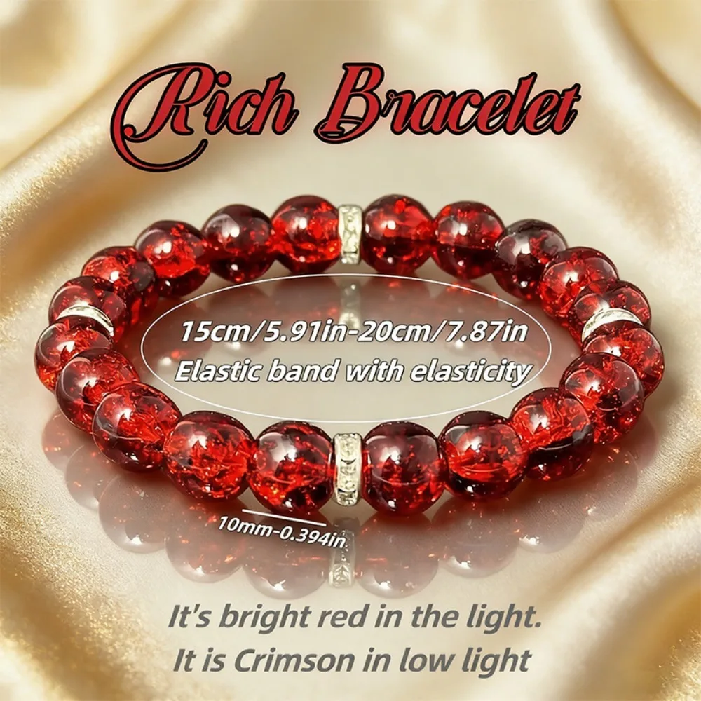 Crimson Red Crackle Beaded Stretch Bracelet Round Beads Elastic Bracelet Wealth Charm Fashion Daily Jewelry Gift