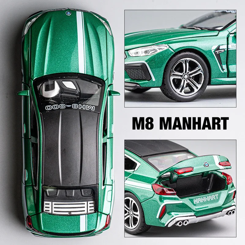 1/32 BMW MH8 800 Manhart Diecast Car Toy For Children Miniature Model Pull Back Sound & Light Collection Gift for Boys Kid Gift