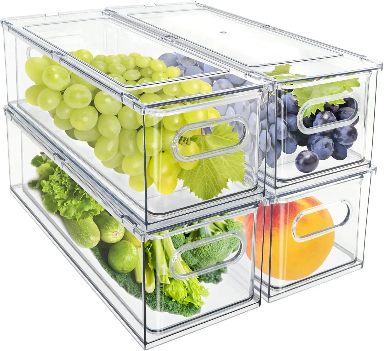 Fridge Drawer Pull Out Stackable Bins with Handle Clear Refrigerator Drawers Organizer Food Storage Container Box Plastic Produc