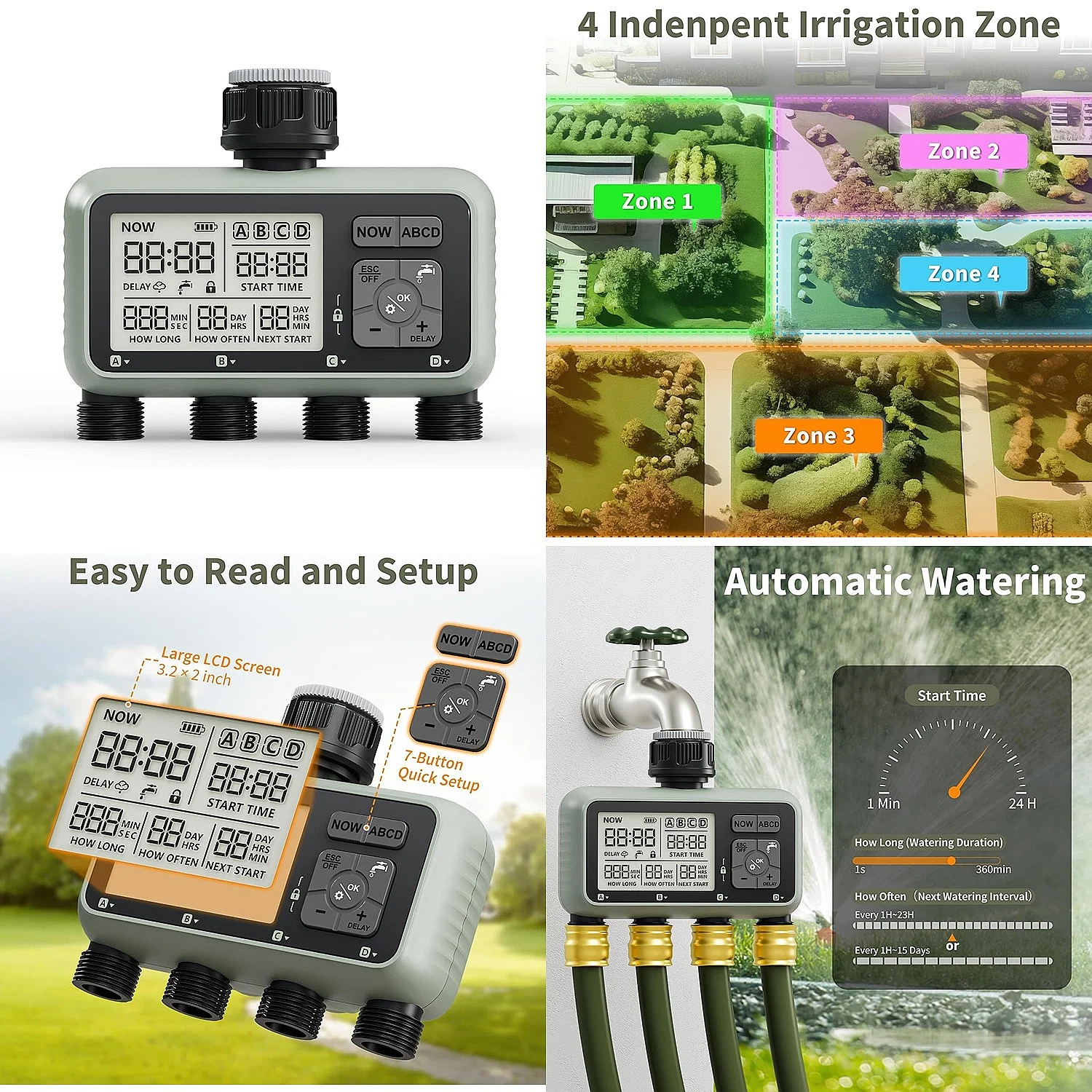 New Design Garden Electronic Automatic Four Zone Water Timer Watering Irrigation System HCT-379