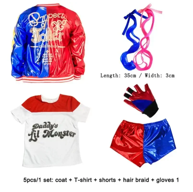 2025 Halloween Top Kwaliteit Meisjes Vrouwen Suicide Harley Cosplay Kostuums Squad Quinn Monster Gestikt Jas Broek Sets