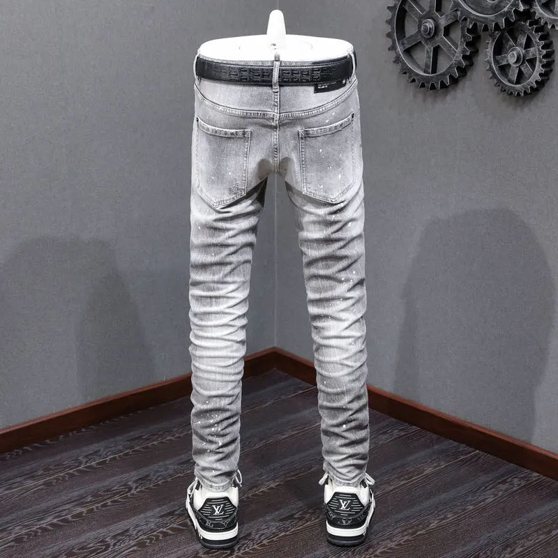 High Street Fashion Men's Split Jeans Vintage Water White Gray Elastic Tight Vintage Jeans Men's Colored Designer Hip Hop Brand