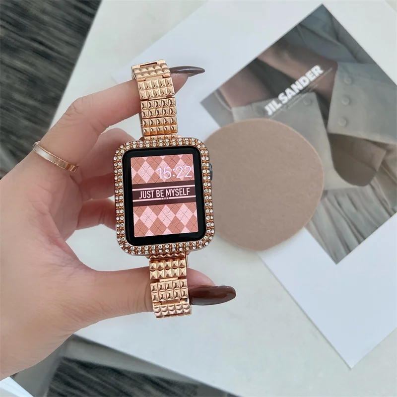 حزام ساعة معدني من الفولاذ المقاوم للصدأ ذو سلسلة ضيقة منقوشة لسلسلة ساعات Apple Watch 7/6/5/4/se/3/2/1