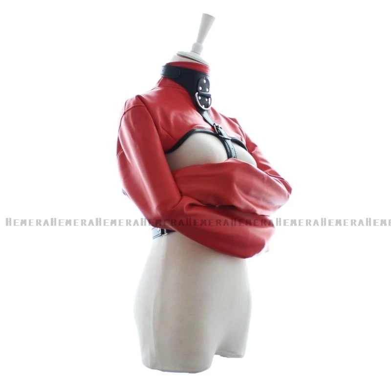 Women Black Red Sexy Open Breast Cupless Leather Bondage Strait Jacket Top Women\'s Restraint Straight Jacket Halloween Costume