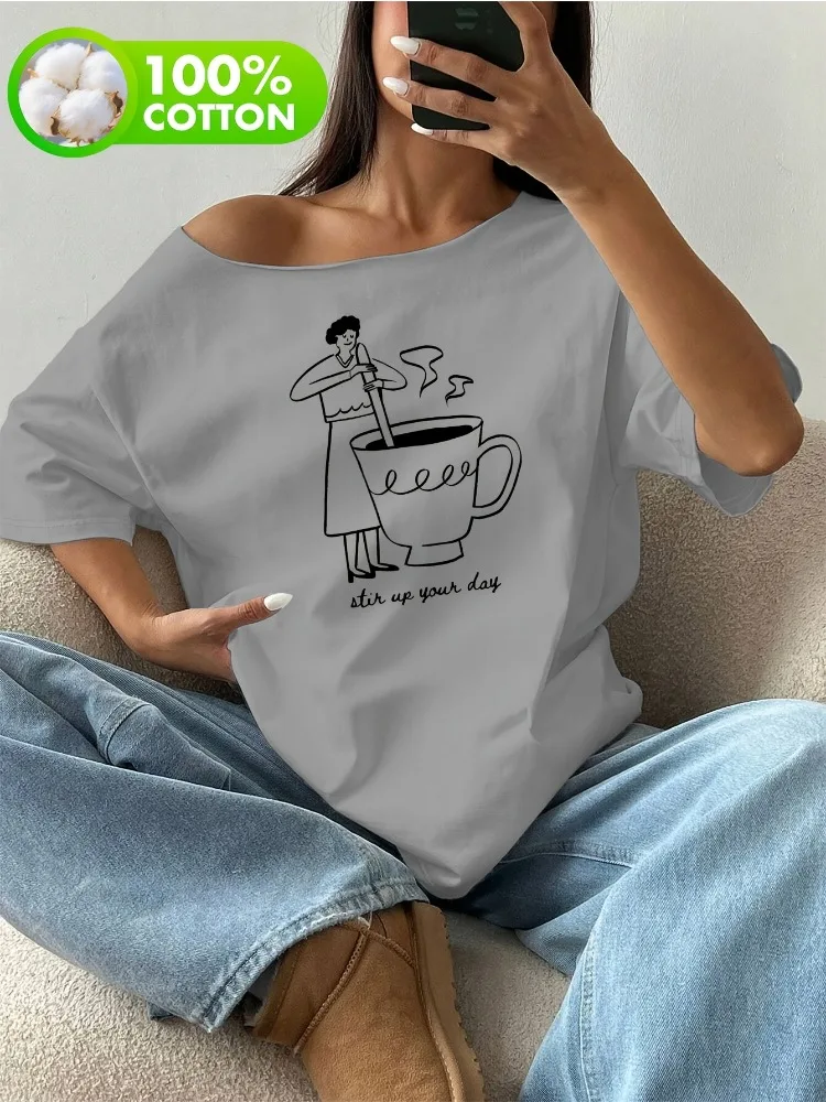 Women Fashionable Casual Printed Short-Sleeve Y2K T-Shirt Featuring A Woman Holding A Coffee Cup with The Stir Up YourDay Slogan