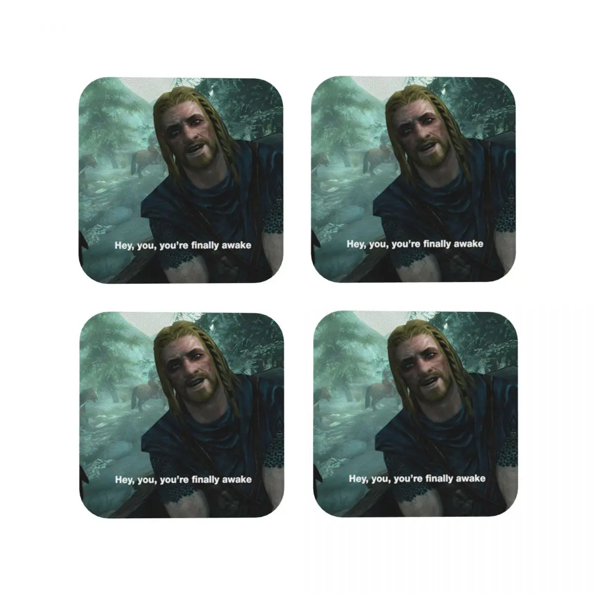 Hey You You'Re Finally Awake Skyrim Coasters Coffee Mats Mug Cup Placemats Tableware Pads for Home Kitchen Dining Bar