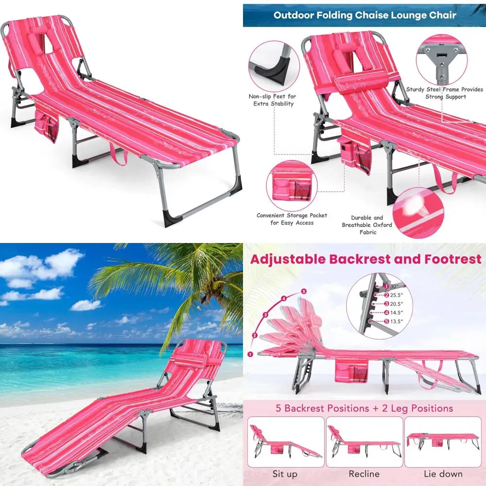 

Adjustable 5-Position Backrest Folding Beach Lounge Chair with Face Hole, Pillow, and Side Pocket for Tanning and Relaxation