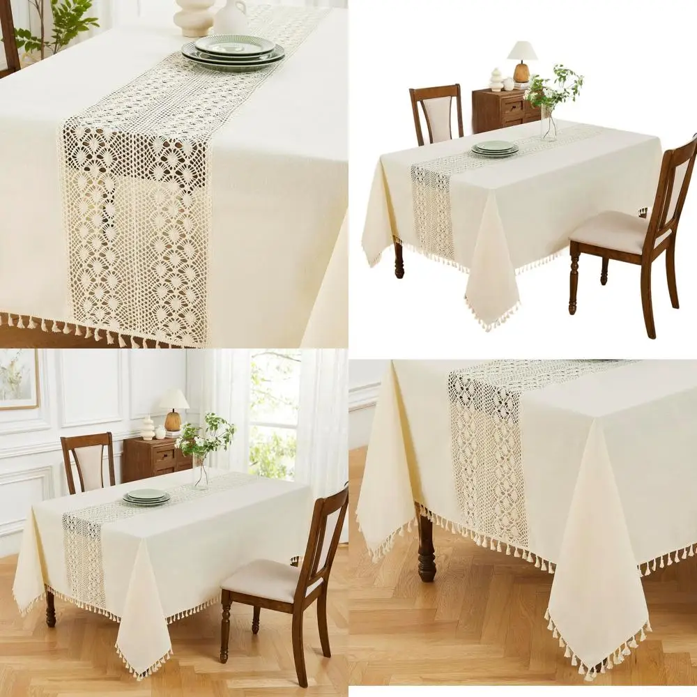 

Бежевая скатерть 70 x 84 дюйма с вязаным краем и кисточками для 6-8 человек, декор для обеденного стола в стиле бохо