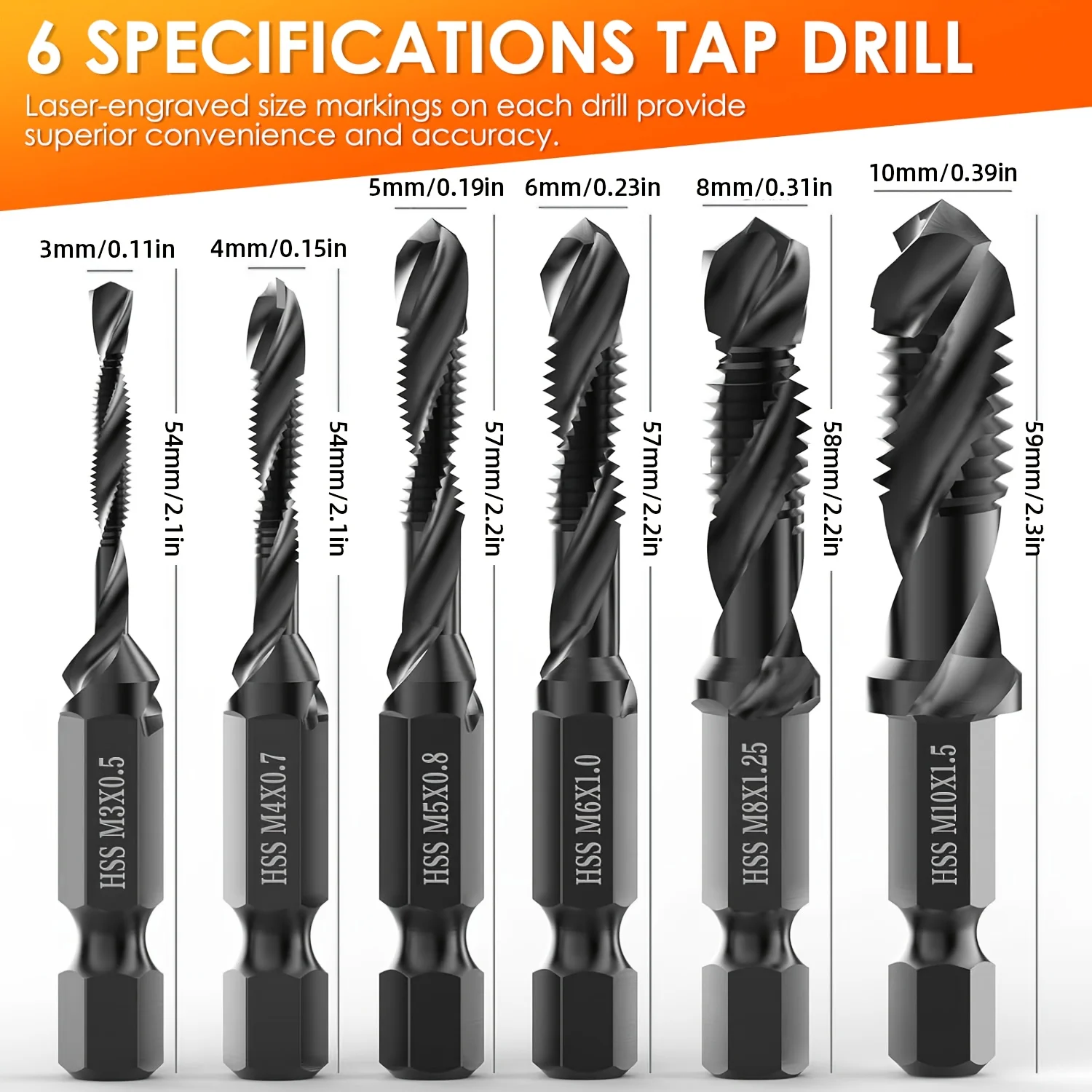 6PCS Combination Drill Tap & Tap Bit Set, 3-in-1 Anti-Rust Screw Tapping Bit Tool in Metric M3 M4 M5 M6 M8 M10, 1/4” Hex Shank