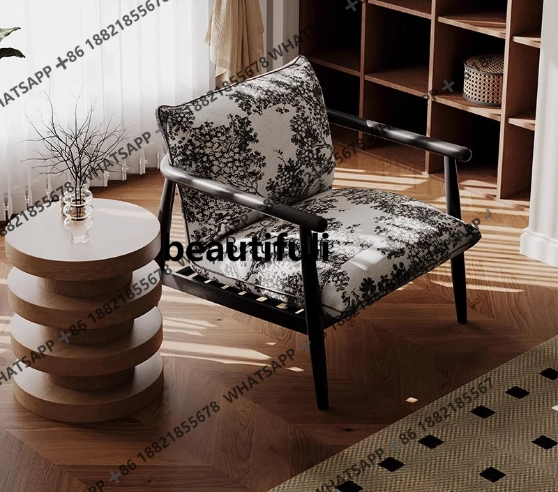 Q178 French retro single chair solid wood black printed living room sofa armchair