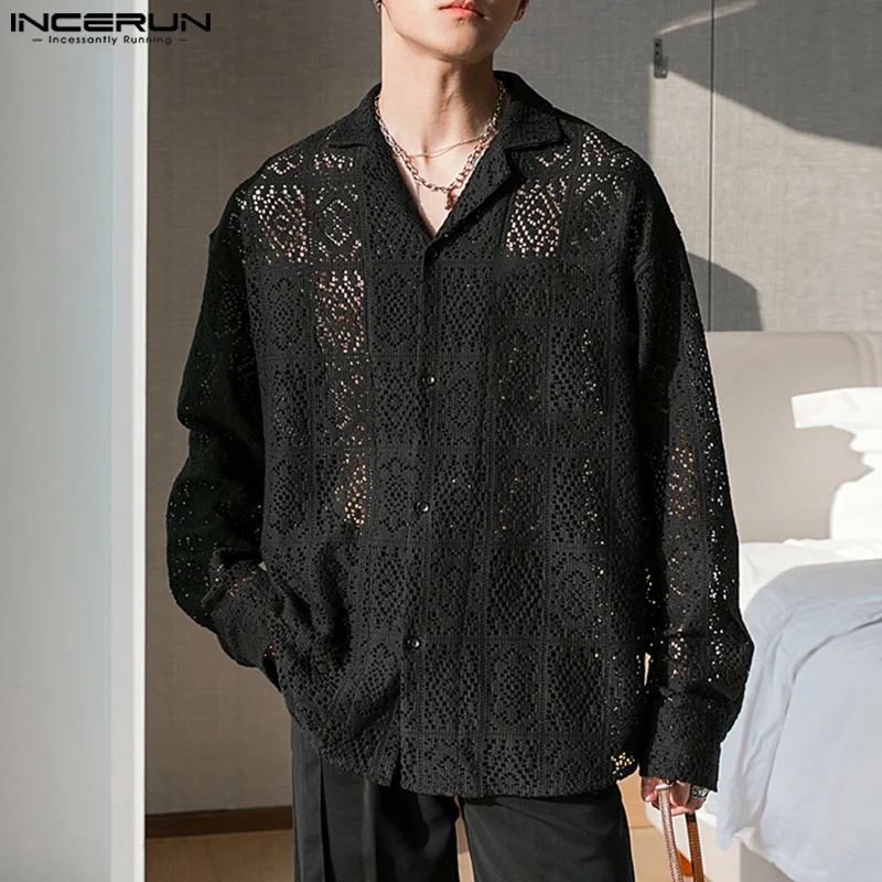 INCERUN 2024 Men Shirt Lace Streetwear Lapel Long Sleeve Men Clothing Sexy Loose Hollow Out Transparent Fashion Casual Shirts