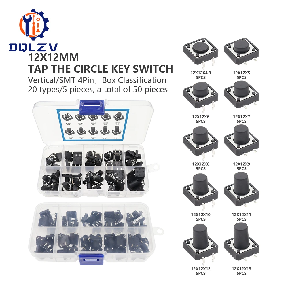 50PCS 12X12X4.3MM DIP Tact Switch Tactile Push Button Switch Kit Height: 4.3 5 6 7 8~13MM SMD 4P Micro Switch 12*12*5 Key Switch