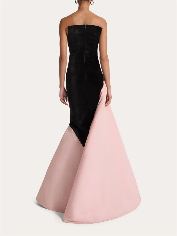 New Arrival Strapless Neckline Satin Mermaid Evening Dress Back Zipper Floor Length Asymmetric Flare Hem Gown For Women 2024