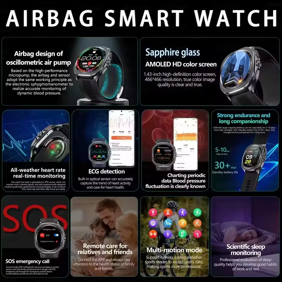 2025年最新 Android Watch エアポンプ エアバッグ スマートウォッチ メンズ 466*466 AMOLED 正確な測定 ECG 脂質-尿酸 健康 スマートウォッチ