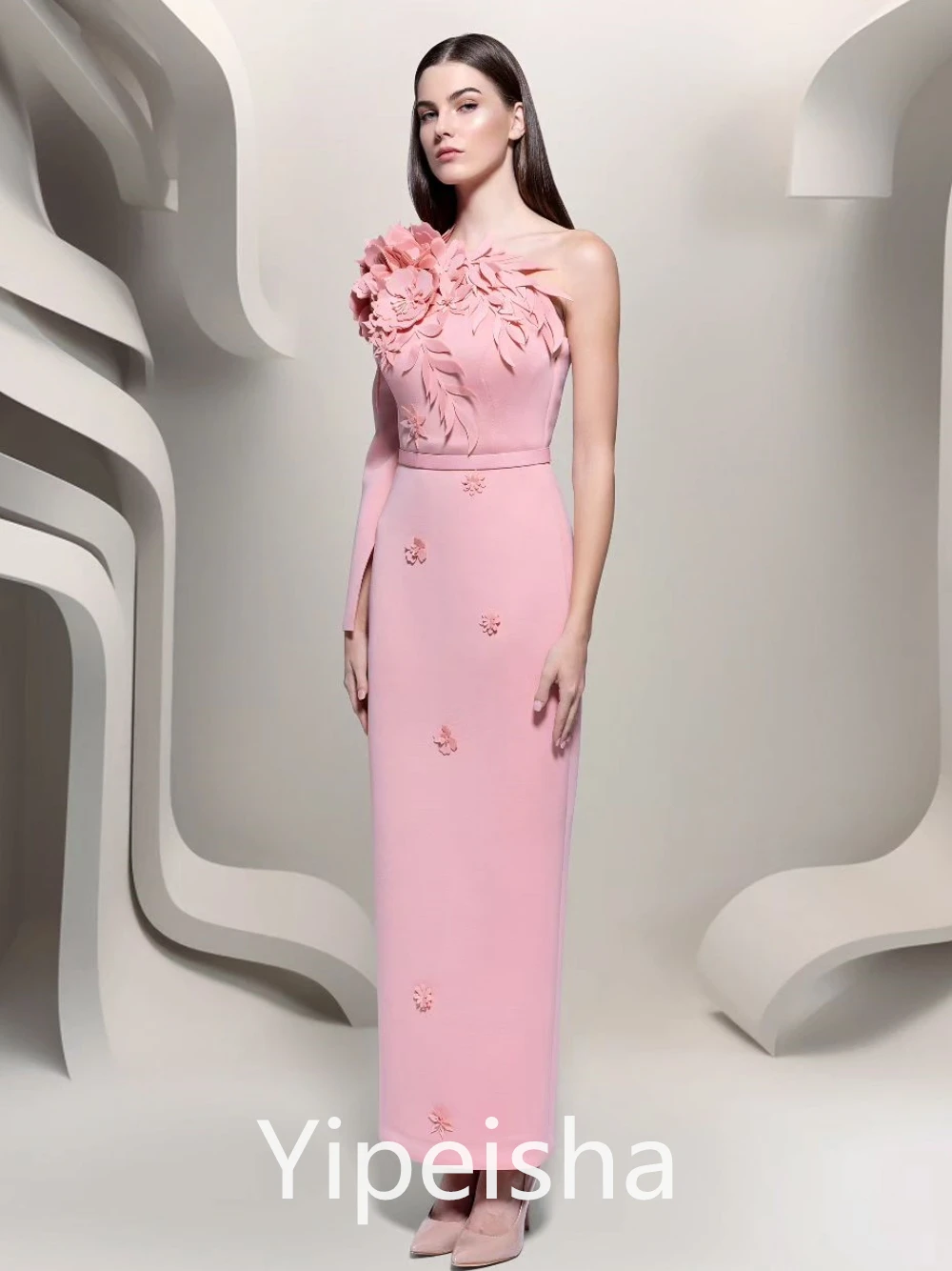Yipeisha Elegant Fashion One-shoulder Evening Flower Satin Anke Length Custom es