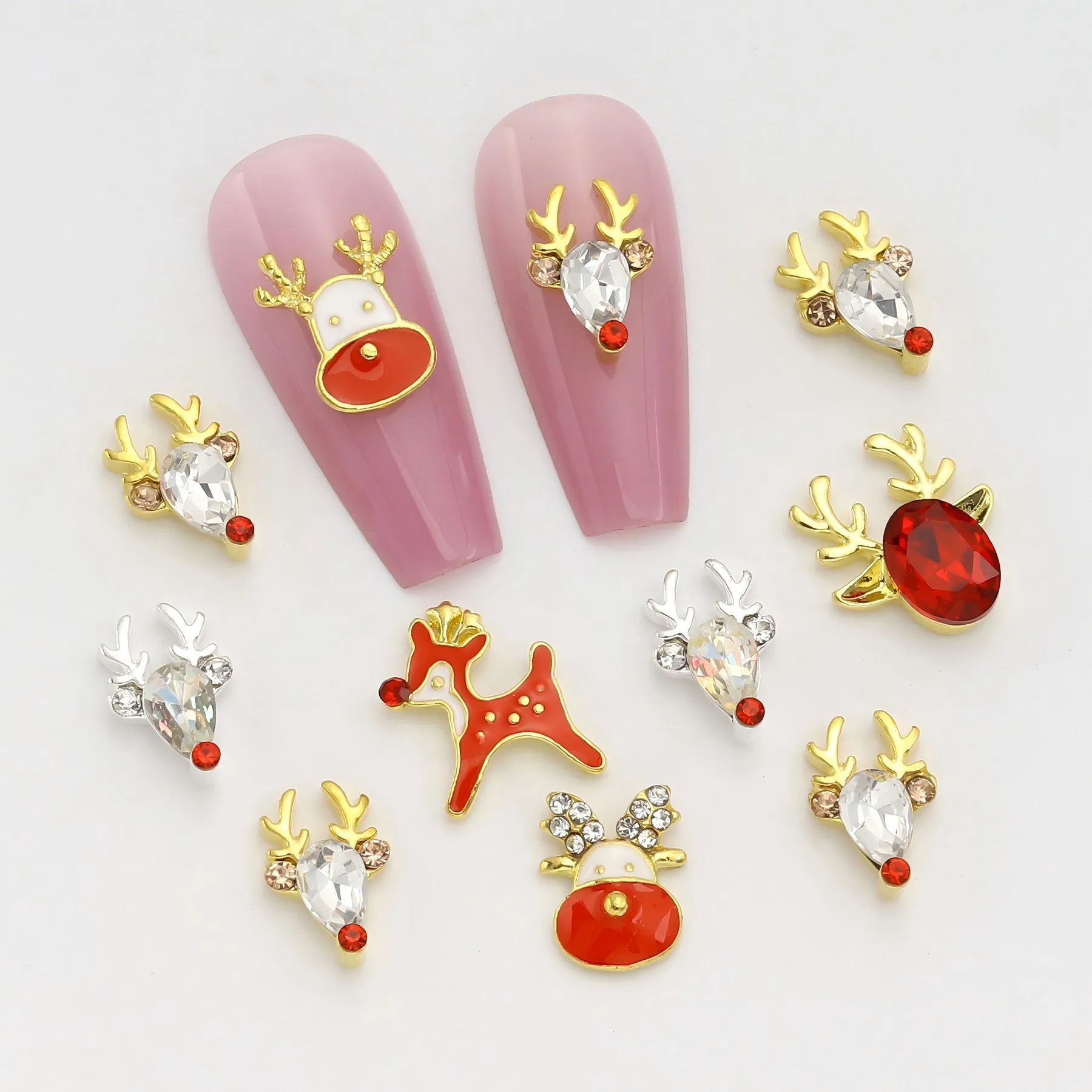 10 pcs 3D Metal Deer Head Series Nail Art Accessories, shiny Rhinestone Crystal Gemstone Oil Drip, Christmas Design Nail charms