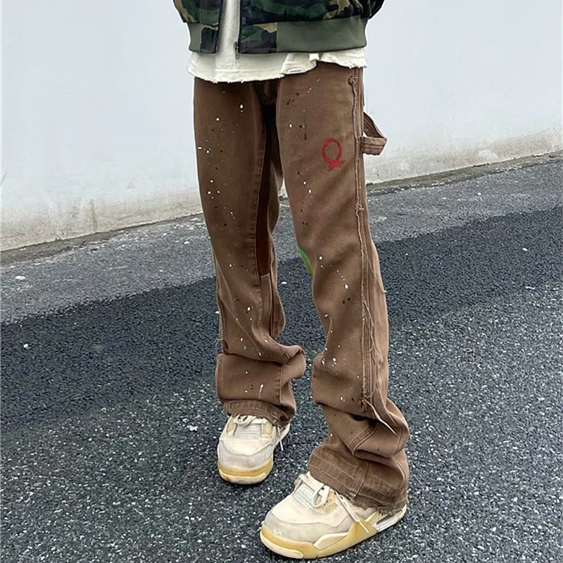 2023 Kanye Graffiti Ink Painted Flared Jeans Cargo Y2K Pants Men Clothing Brown Straight Hip Hop Long Trousers Pantalones Hombre