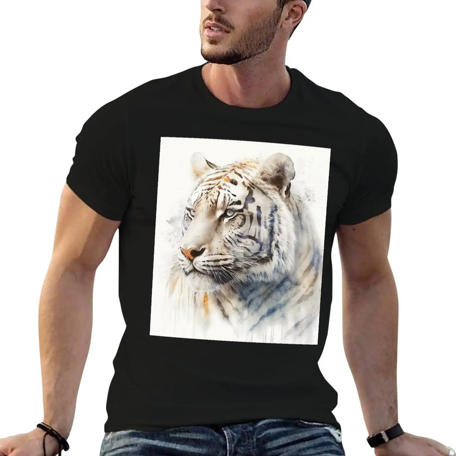 Футболка с акварельным портретом белого сибирского тигра
