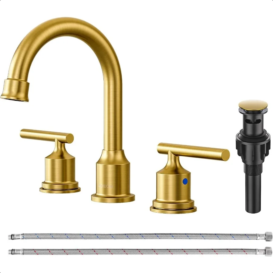 

Gold Bathroom Faucet 3 Hole Bathroom Sink Faucet Widespread Vanity Faucet 2 Handle Brass Basin Faucet with Pop Up Drain 8 Inch