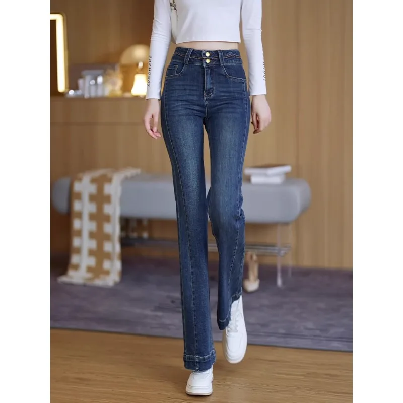 جينز أزرق من الدنيم للنساء والشتاء، سروال أنيق كاجوال بطول الأرض بأرجل مستقيمة #2