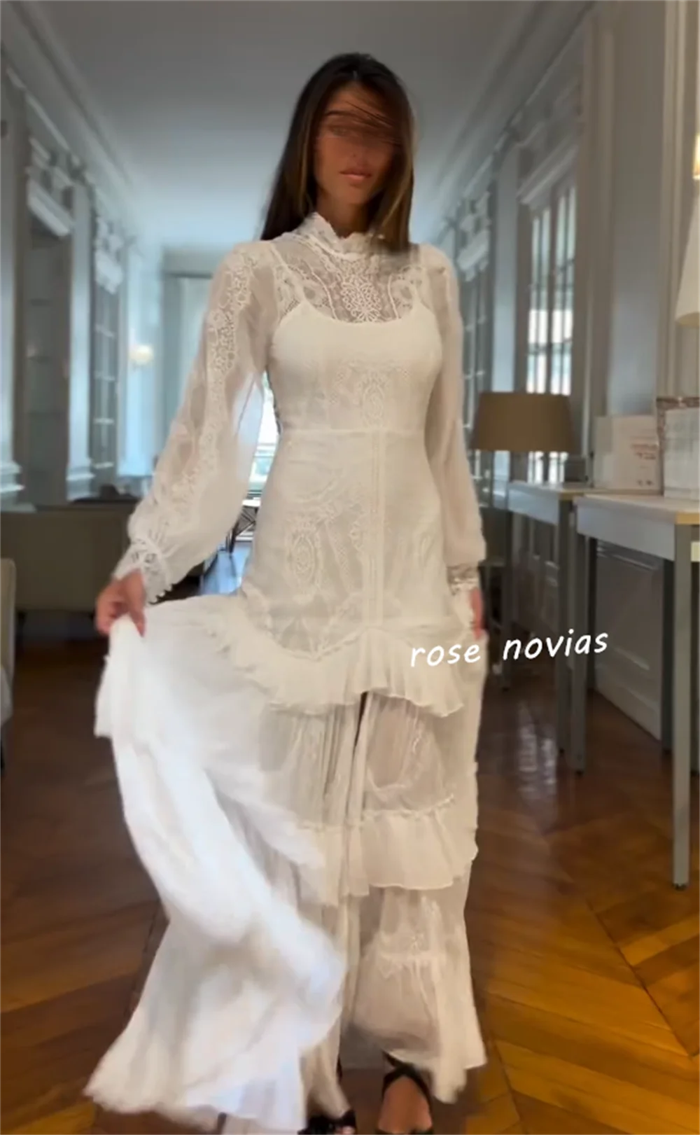 Customized Lace Ruched High Collar A-line Long Dresses Bespoke Occasion Wedding Party Simple Elegant Formal Charming image 4