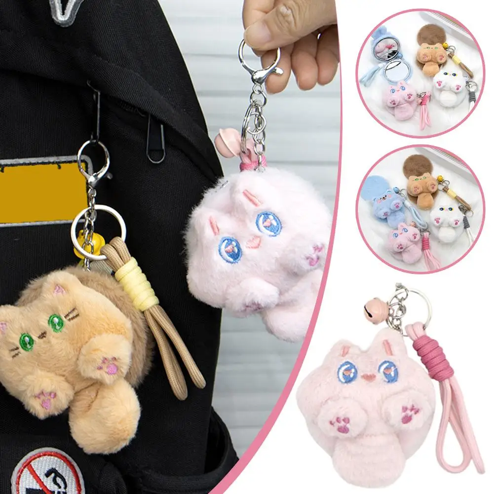 Espelho de maquiagem de pelúcia dos desenhos animados kawaii macio gato boneca pingente chaveiro portátil dobrável espelho menina mochila presente