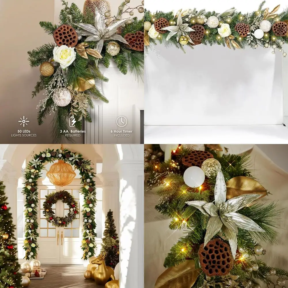 

Battery-Powered 6-Foot Gold & White LED Christmas Garland with 50 Lights for Indoor/Outdoor Holiday Decor