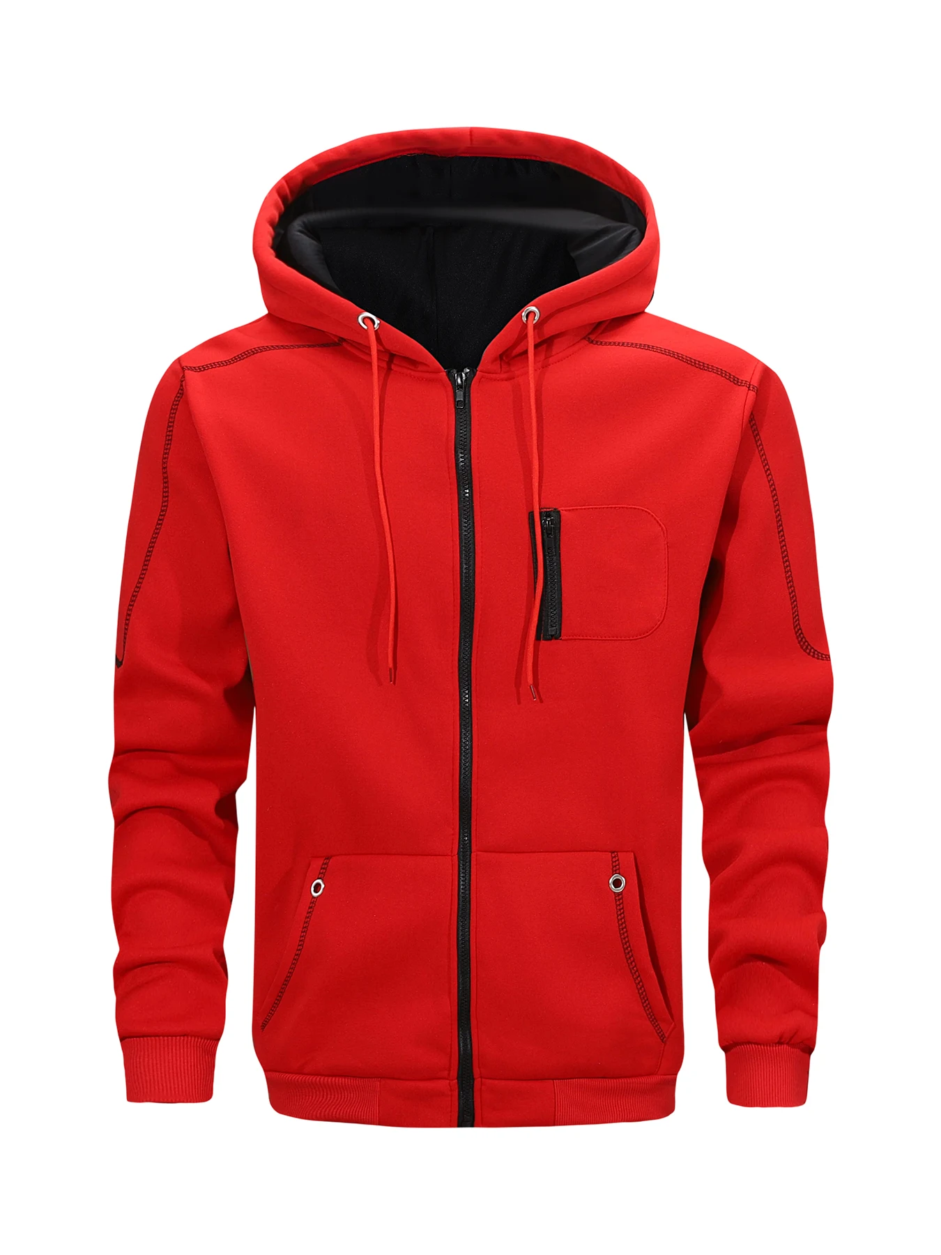 Men Slim Fit Zip Up Hooded Jacket Long Sleeve Sweatshirt Contrast Zipper Pockets Stitching Casual Sport Outerwear