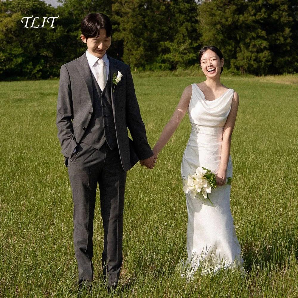 Tlit simples branco seda cetim a linha vestidos de casamento personalizado sem mangas vestidos de noiva coreia fotos sessão