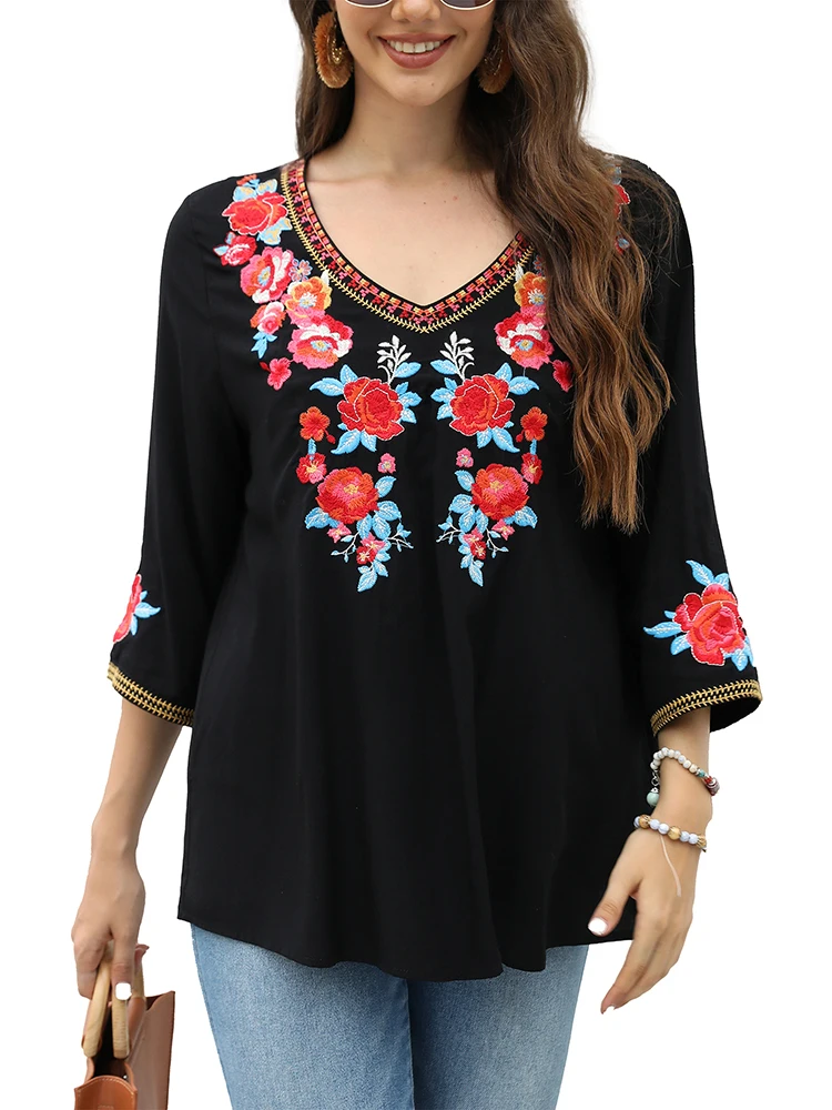 KHALEE YOSE Vintage Floral Embroidery Blouse Shirt Boho Ethnic Chic Black Spring Autumn Mexican Women Ladies 23XXXL Shirts Tops