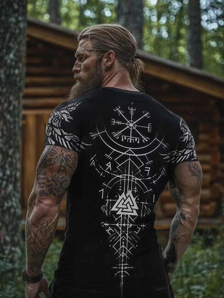 Retro-Style Nordic Mythology Print Men's T-Shirt Outdoor Streetwear Sports Fitness Short-Sleeve Top Casual Wear Fashion Top