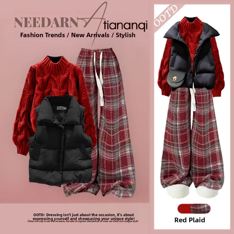 

Winter Faion Women's Loose Knitted Sweater Wide Leg Pants Tee Piece Set Agel Plaid Vest Layering Slimming Effect
