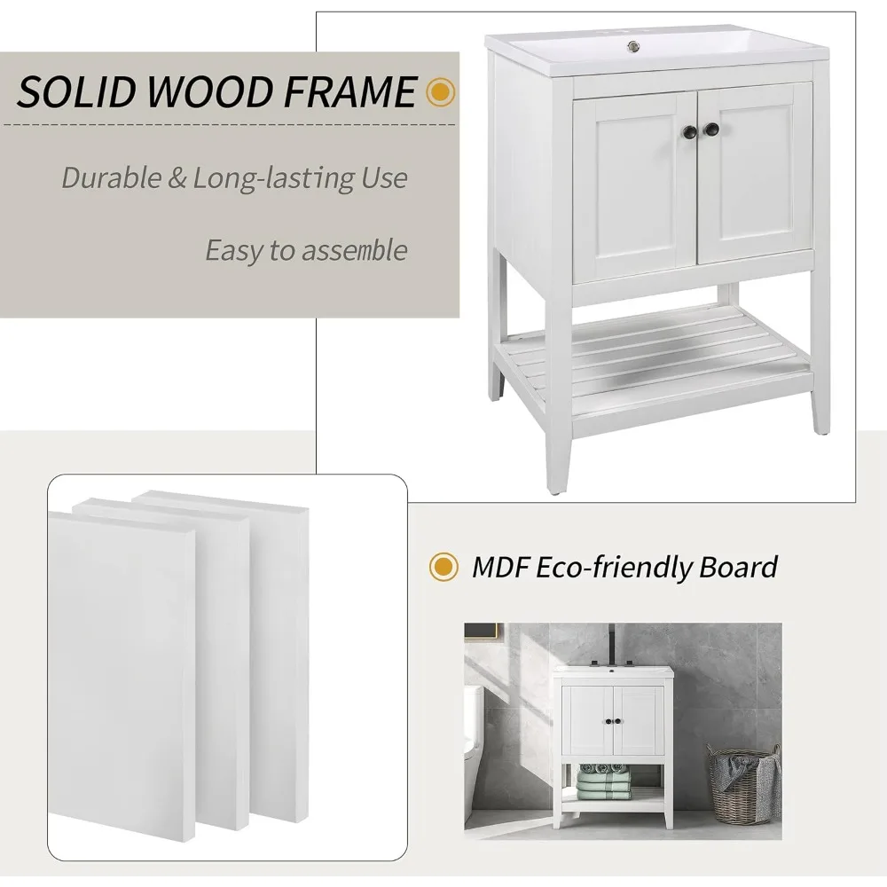 خزانة حمام واحدة من الخشب الصلب مقاس 24 بوصة مع حوض وأبواب ورف مفتوح للمساحات الصغيرة #6