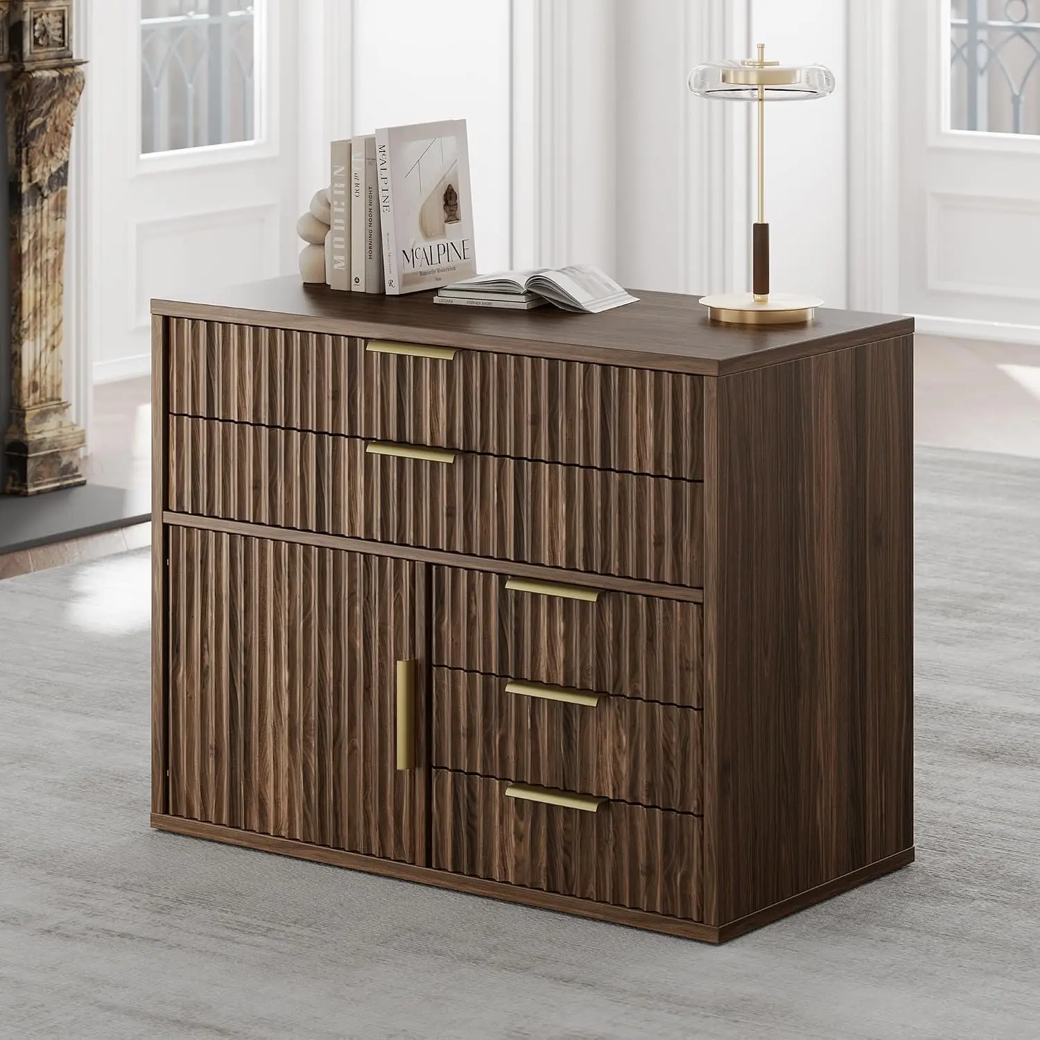 Fluted 5-Drawer File Cabinet with Storage Door, Mobile Lockable Wheels for Home Office, Black Walnut, Customized