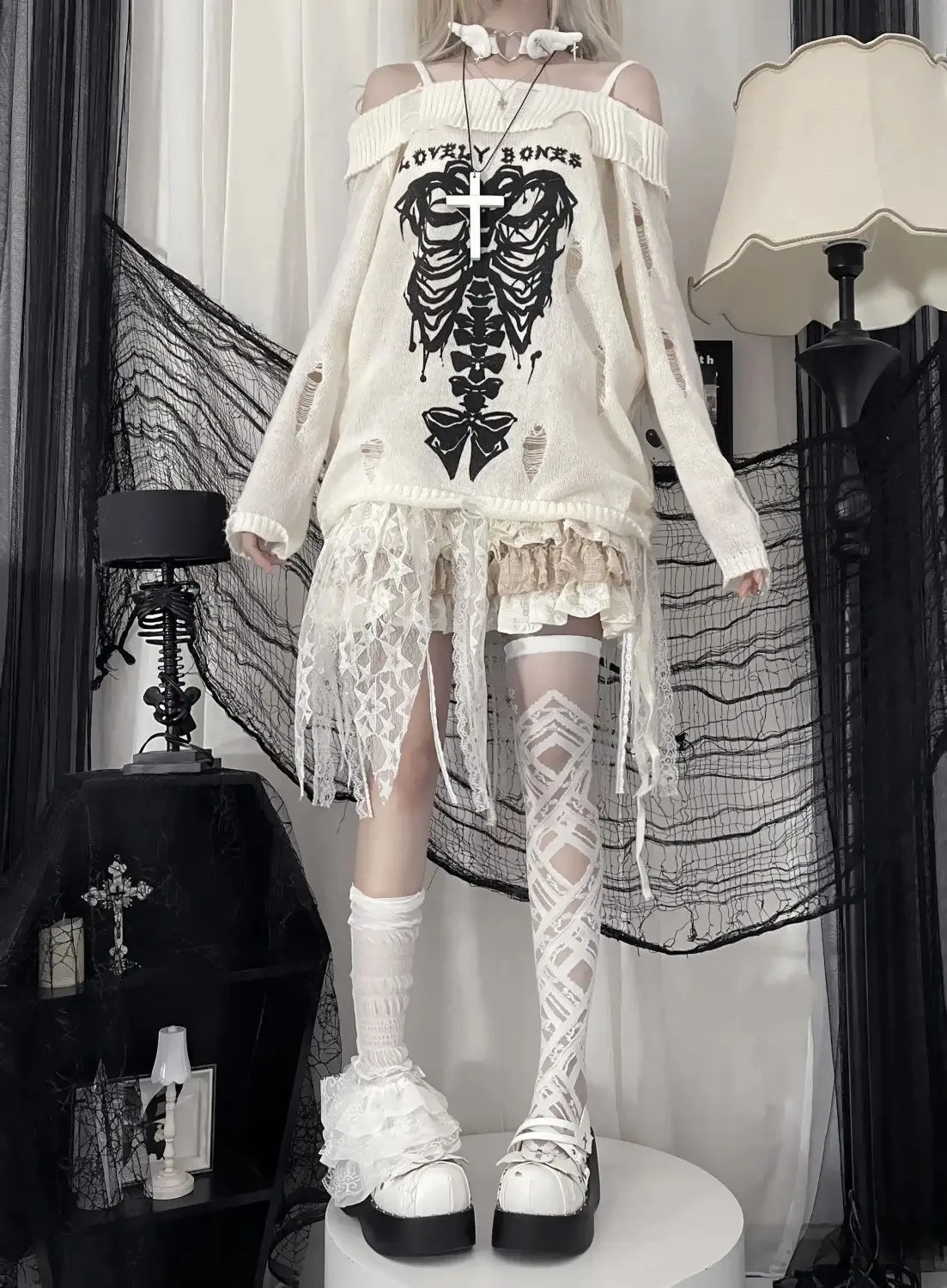 Women\'s Off Shoulder Skull Sweater Punk Long Sleeve Y2k skeleton Pullover Hollow Out Grunge Thin Knit Gothic Streetwear Autumn