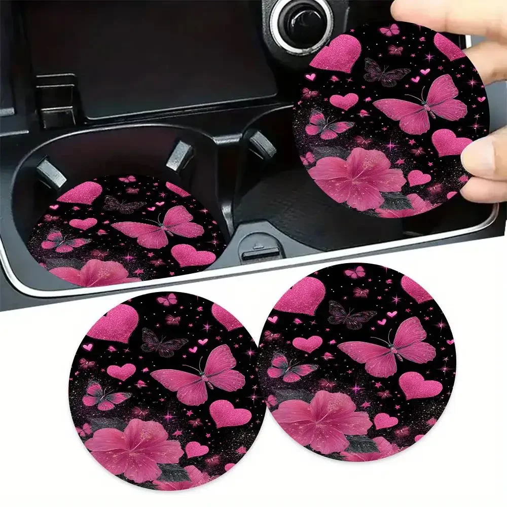 ＂Magical Pink Dream＂ Absorbent Car Cup Holder Coasters Set Of 2 For Car Interiors & Home Desks Christmas Birthday Party Gifts