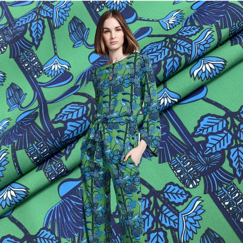 

100% polyester fabric haute couture green bottom lotus pattern digital printing fabric handmade DIY dress shirt coat fabric