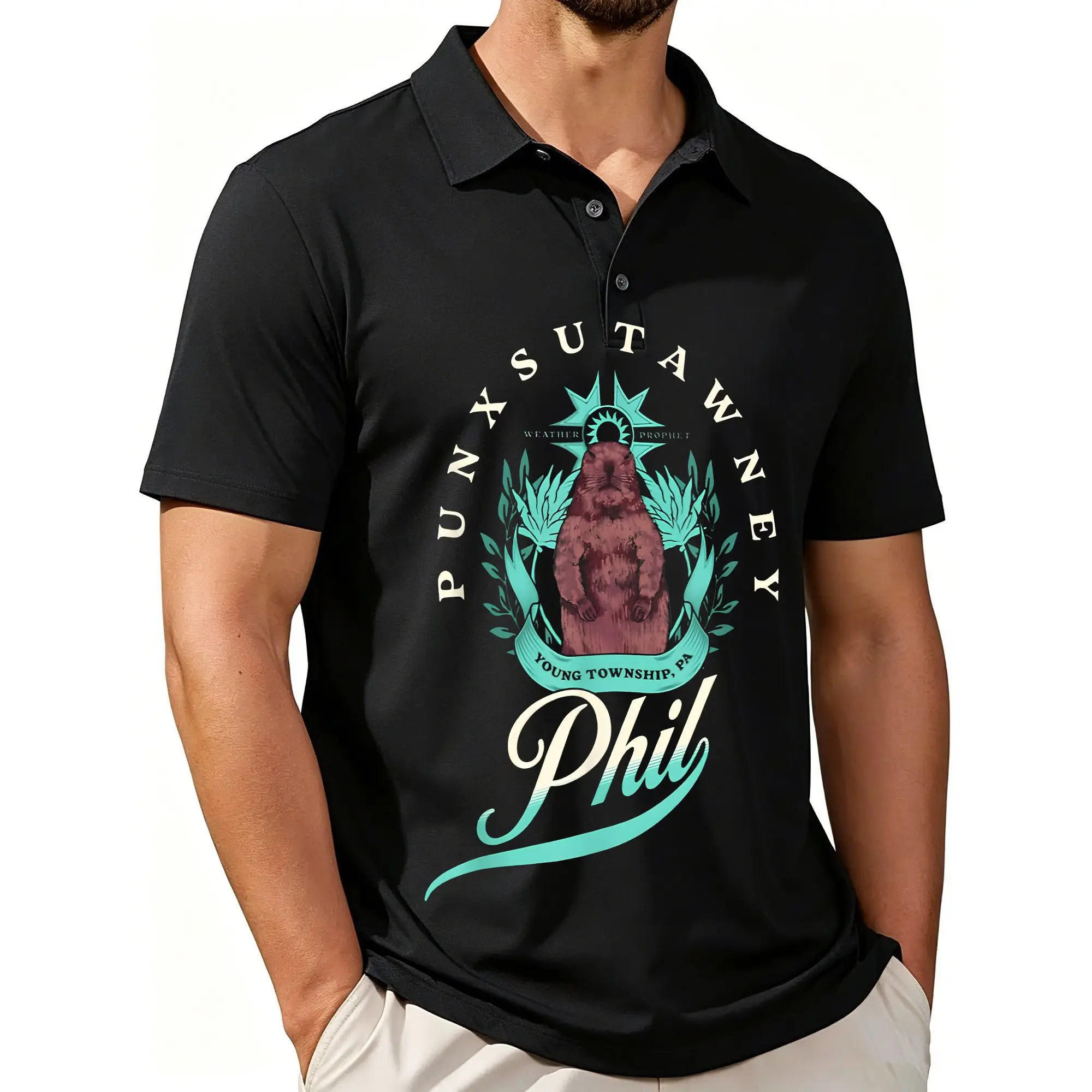 Men's Printed Short-Sleeve Polo Shirt with the Theme of Groundhog Day, Featuring a Weather Forecaster and a Marmot, Featuring a Stylish and Casual Fit, Breathable Fabric, and Suitable for All Seasons.