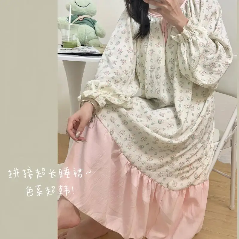 

New Loose Women's Nightgown Thin Version Spring Autumn Long Sleeves Homewear Ins Lazy Wind Sleepwear Floral Pajamas Nightgown