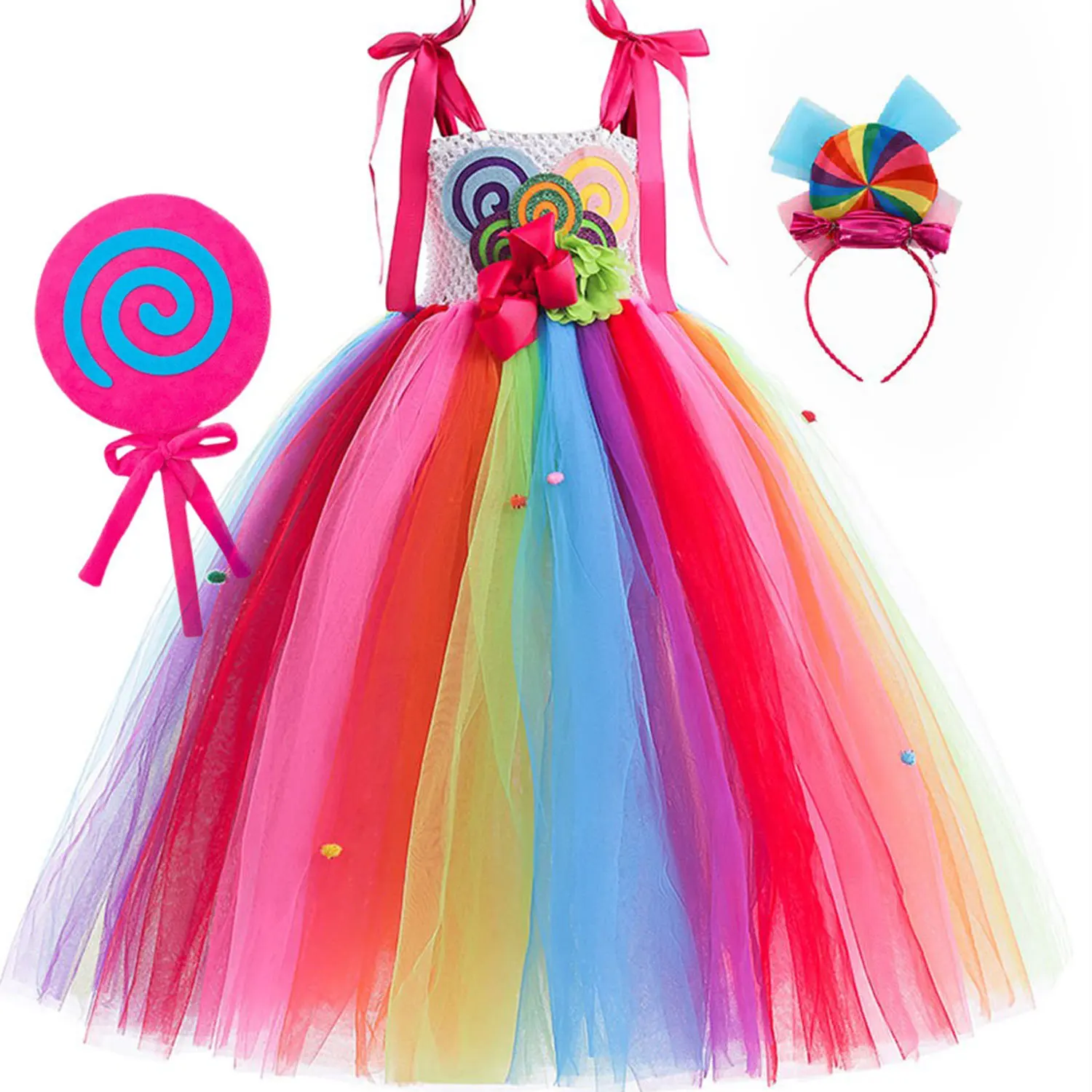 Children Cute Rainbow Candy Princess Dress Girls Christmas Carnival Lollipop Tutu Costume Kids Cosplay Performance Clothing Set