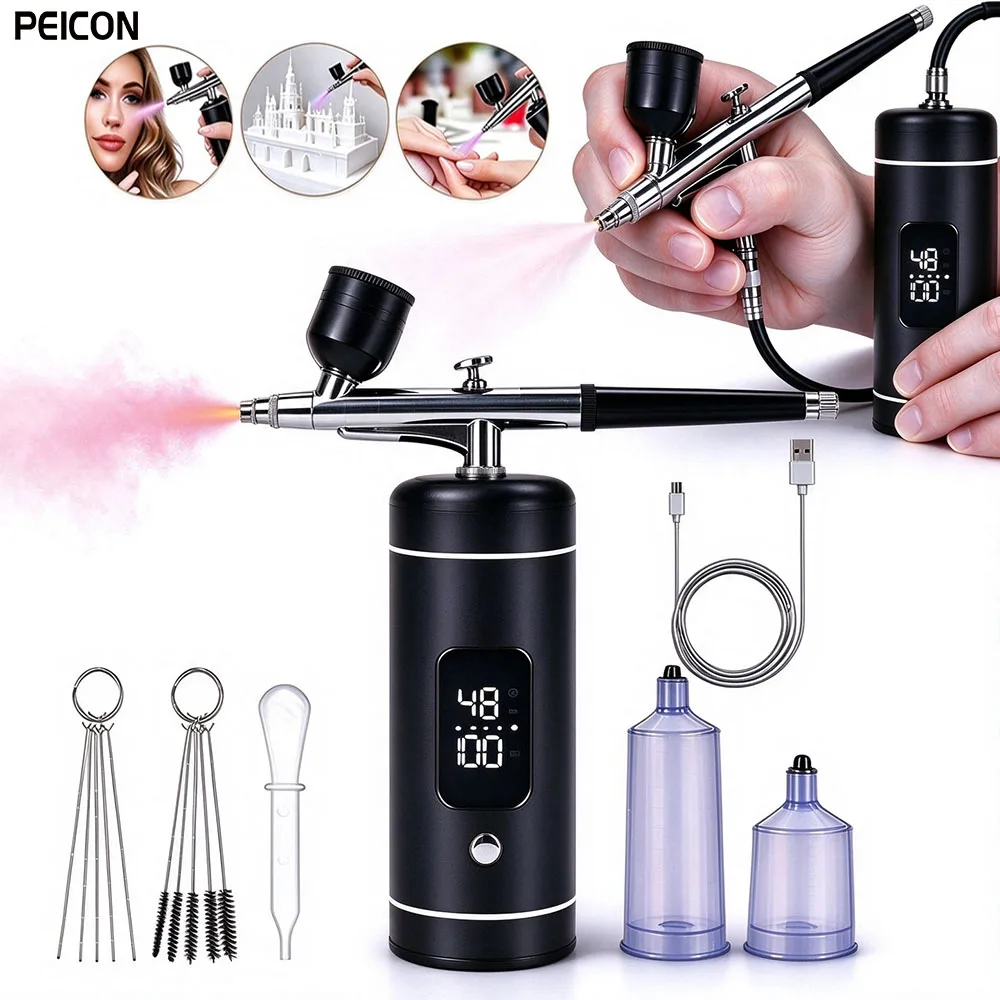 Cordless Airbrush Compressor Kit Digital Display Rechargeable Air Brush Gun for Nail Art Cake Decor Model Painting Spraying Tool