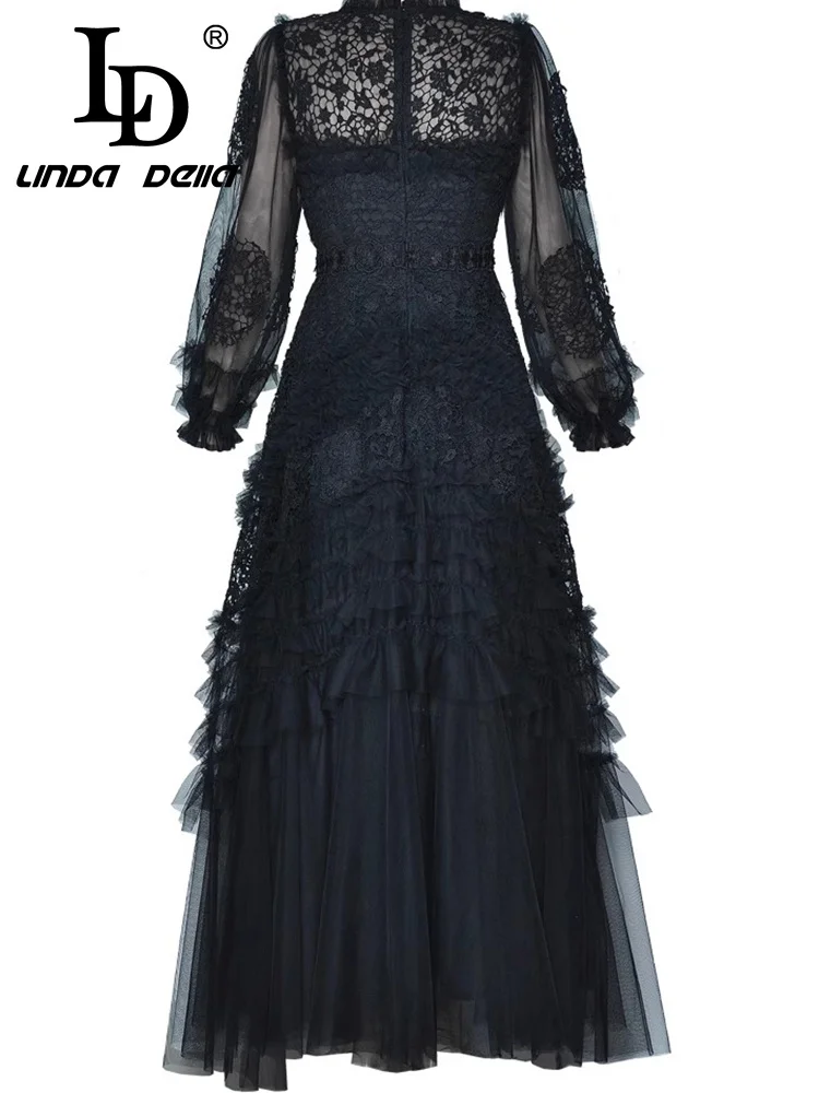 فستان LD LINDA DELLA للربيع والصيف للنساء مفرغ من الدانتيل بأكمام طويلة وحافة فطريات شجرة صالحة للأكل فساتين سهرة كبيرة متأرجحة للحفلات