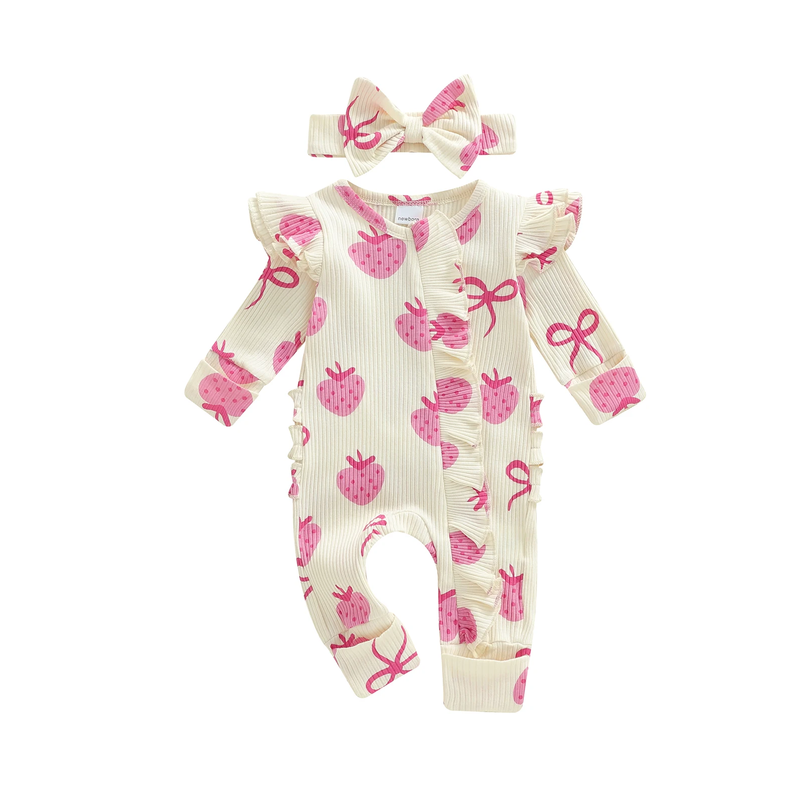 Newborn Baby Girls Romper Fashionable Strawberry Bow Printed Long Sleeve Jumpsuit with Headband