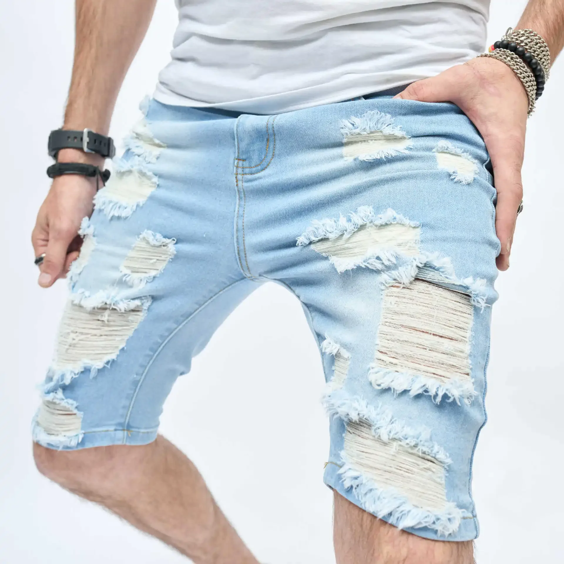 New Summer Men's Jeans Casual and Worn-out Trendy Pants with Torn Beggar Shorts for Men