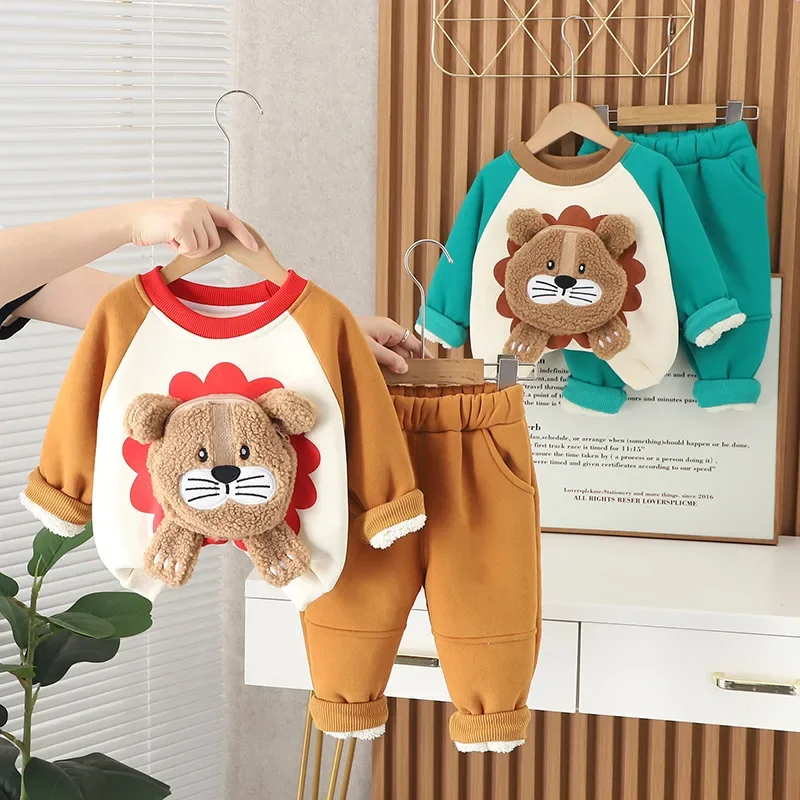 

Autumn Winter Children Boy 2PCS Clothes Set Lion Pattern Pocket Spliced Sweatshirt Fleece Pant Baby Boy Outfit Kid Boy TrackSuit